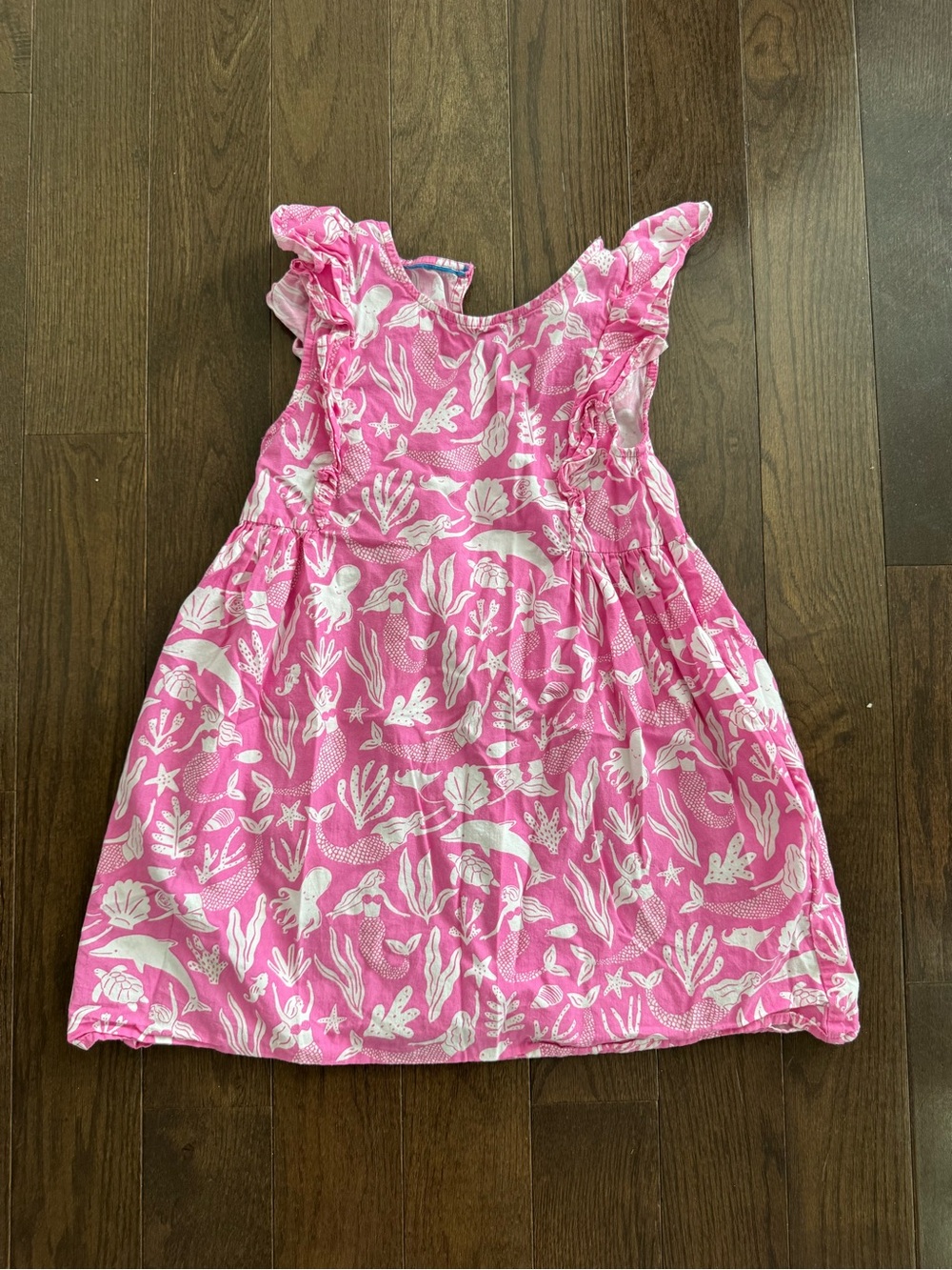 Mini Boden Girls' Pink Sleeveless Ruffle Dress with White Sea Life Print